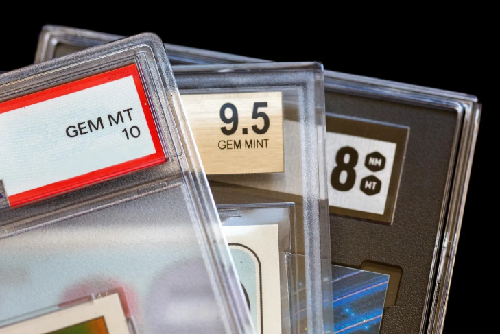 Close-up of graded trading card slabs on display